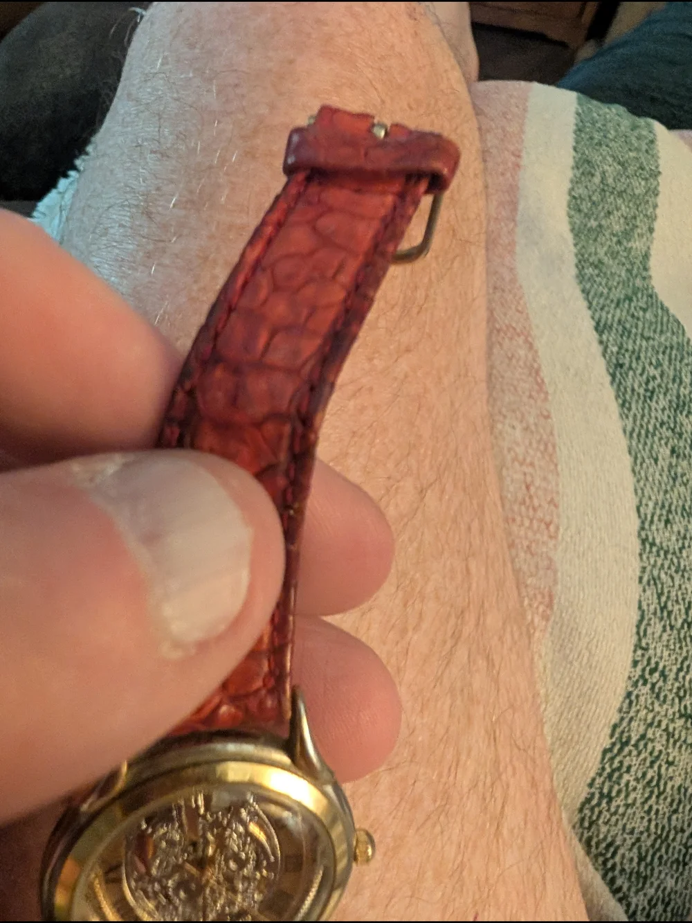 Becora Gold-Tone Skeleton Dial Watch with Red Leather Strap Brand New Battery